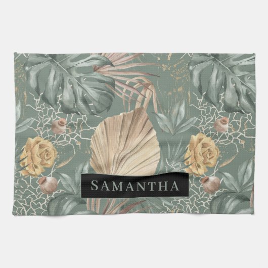 Tropische Waterverf Gold en groen lederen patroon Theedoek (Horizontaal)