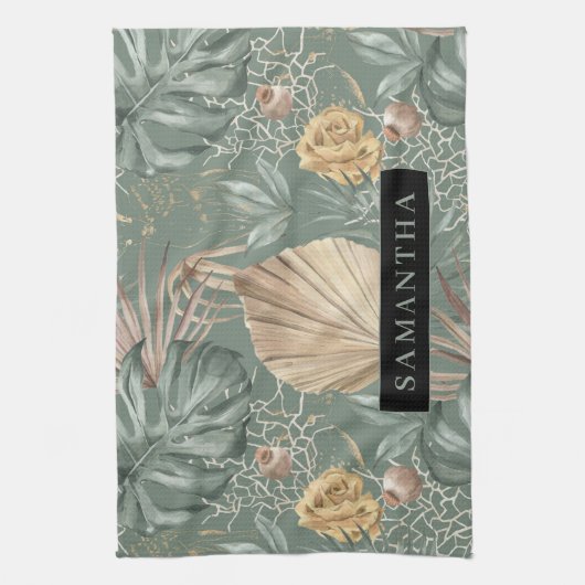 Tropische Waterverf Gold en groen lederen patroon Theedoek (Verticaal)