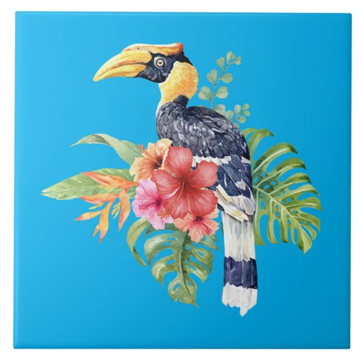 Tropische Waterverf Great Hornbill & Flowers Tegeltje (Voorkant)