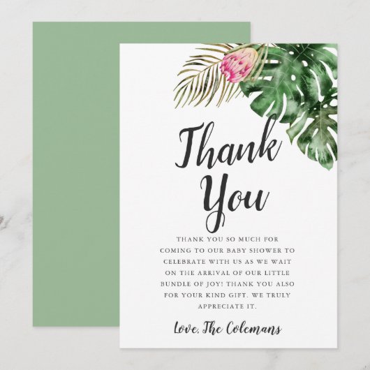 Tropische Waterverf groen Baby shower Bedankkaart (Voorkant / Achterkant)