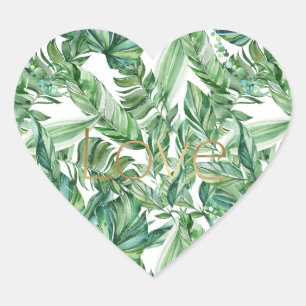 Tropische Waterverf Groen Bladeren Gouden Liefde ( Hart Sticker