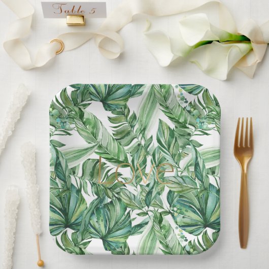 Tropische Waterverf Groen Bladeren Gouden Liefde ( Papieren Bordje (Huwelijk)