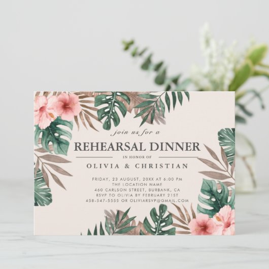 Tropische Waterverf Groen Bloemen Repetitie Diner Kaart (Staand voorkant)