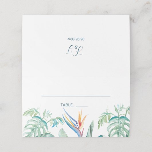 Tropische Waterverf groen bloemenbruiloft Plaatskaartje (Buitenkant ongevouwen)