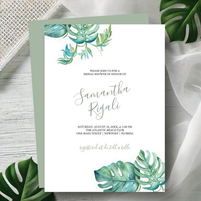 Tropische Waterverf groen Vrijgezellenfeest uitnod (Tropical bridal shower invitations watercolor monstera leaf art Victoria Grigaliunas DoTellABelle)