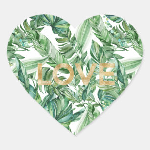 Tropische Waterverf Groene Bladeren Gouden Liefde Hart Sticker