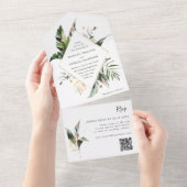 Tropische Waterverf Groene bruiloft QR Code All In One Uitnodiging (Afscheurbaar)