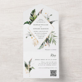Tropische Waterverf Groene bruiloft QR Code All In One Uitnodiging