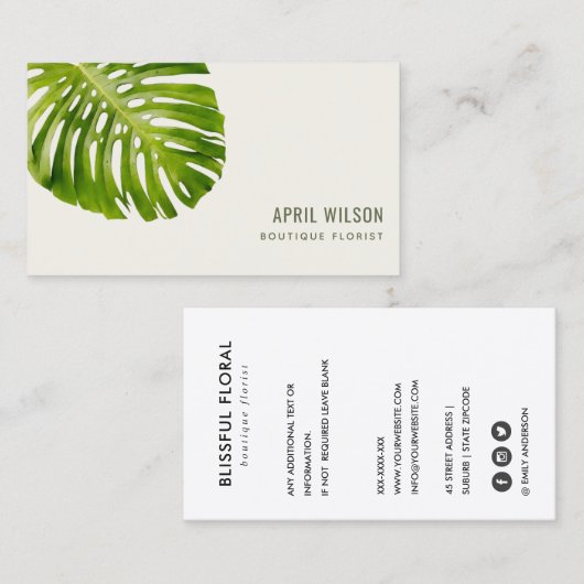 TROPISCHE WATERVERF GROENE MONSTERA LEAF FOLIAGE VISITEKAARTJE (Voorkant / Achterkant)