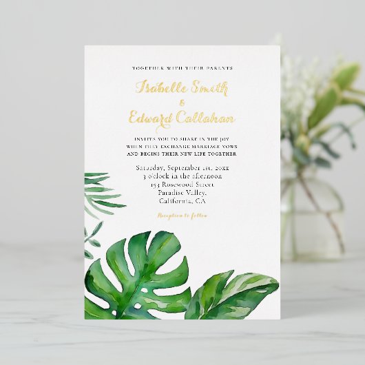 Tropische Waterverf Groene Monstera Vertrouwt Folie Uitnodiging (Staand Voorkant)