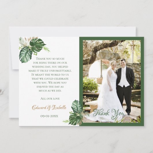 Tropische Waterverf Groene Palm Leaves Wedding Bedankkaart (Voorkant)