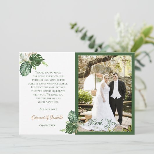 Tropische Waterverf Groene Palm Leaves Wedding Bedankkaart (Staand voorkant)