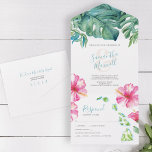 Tropische Waterverf Hawaii Wedding All In One Uitnodiging<br><div class="desc">Tropische botanische producten drievoudige uitnodiging in een hedendaags ontwerp. De details zijn vastgelegd in een trendy handletter script typografie in zee glasblauw met een traditioneel serif lettertype. Een boarder van waterverf roze hibiscus, groen monstera bladeren en Hawaiian Islands lijst uw trouwgegevens. Pas elke flap aan met uw persoonlijke gegevens. Perfect...</div>