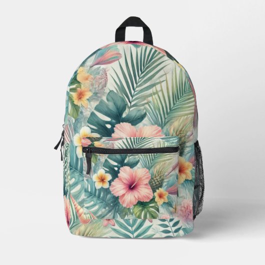 Tropische Waterverf Hibiscus en palmbladeren Bedrukte Rugzak (Voorkant)