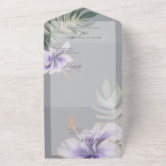 Tropische Waterverf Hibiscus Floral Wedding All In One Uitnodiging (Buitenkant)