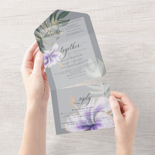 Tropische Waterverf Hibiscus Floral Wedding All In One Uitnodiging (Afscheurbaar)