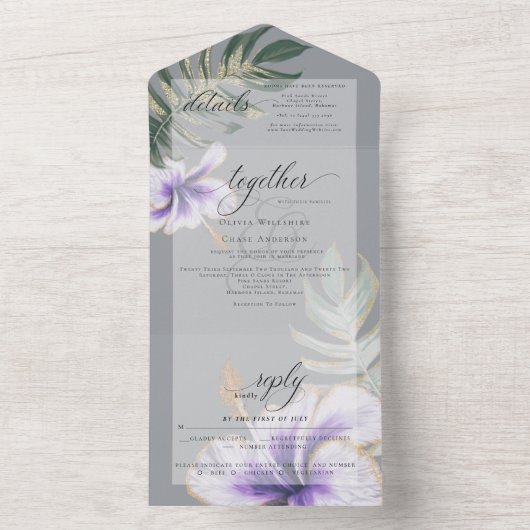 Tropische Waterverf Hibiscus Floral Wedding All In One Uitnodiging (Binnen)