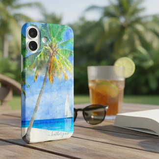 Tropische Waterverf Island Beach Palm Zeilboot