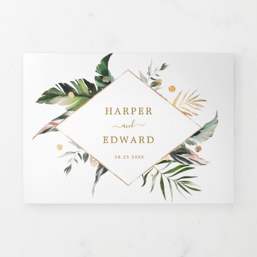 Tropische Waterverf laat gouden bruiloft in één ke Drieluik Uitnodiging (Cover)