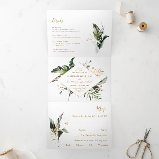 Tropische Waterverf laat gouden bruiloft in één ke Drieluik Uitnodiging (Binnen)