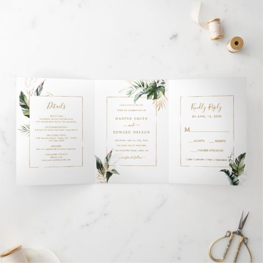 Tropische Waterverf laat gouden Lijsten bruiloft o Drieluik Uitnodiging (Binnen)