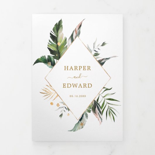 Tropische Waterverf laat gouden Lijsten bruiloft o Drieluik Uitnodiging (Cover)