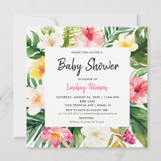 Tropische Waterverf Leaves Square Baby shower Kaart (Voorkant)