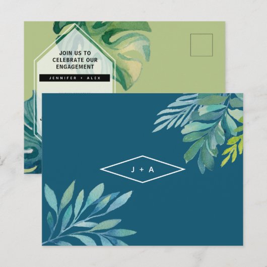 Tropische Waterverf loof verlovingsfeest Uitnodiging Briefkaart (Voorkant / Achterkant)