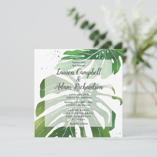 Tropische Waterverf Monstera Foliage Weddenschap Kaart (Staand voorkant)