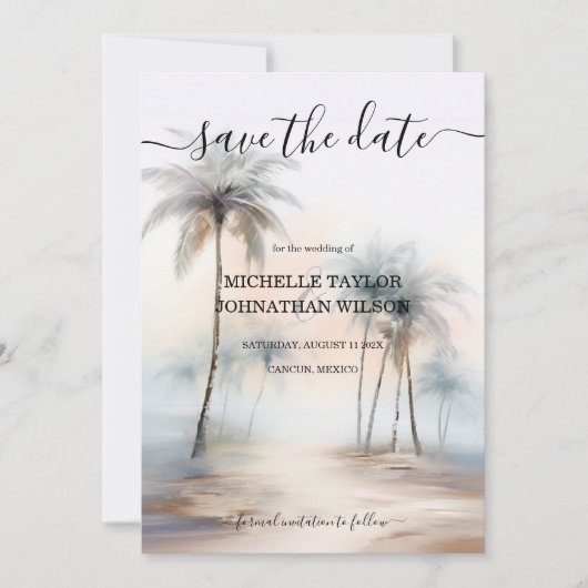 Tropische Waterverf Palm Beach Bestemming Bruiloft Kaart (Voorkant)