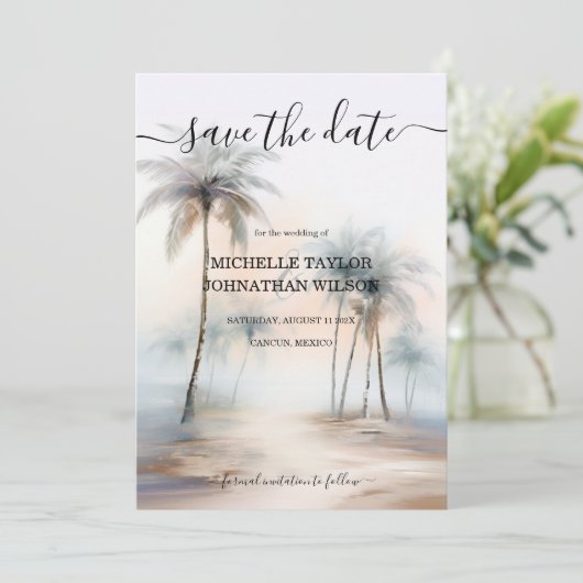 Tropische Waterverf Palm Beach Bestemming Bruiloft Kaart (Staand voorkant)