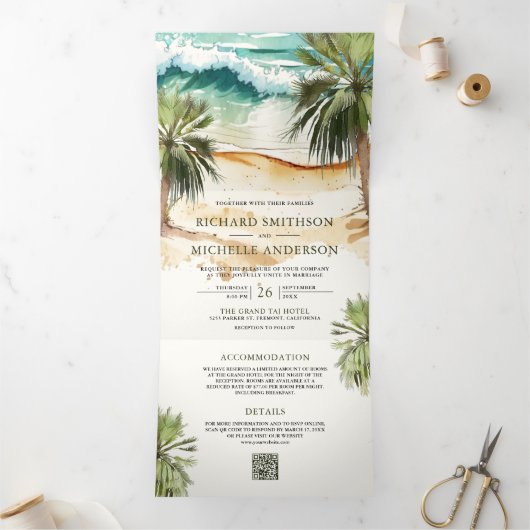 Tropische Waterverf Palm Beach QR Code Weddenschap Drieluik Uitnodiging (Binnen)