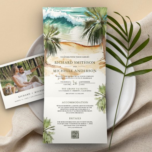 Tropische Waterverf Palm Beach QR Code Weddenschap Drieluik Uitnodiging
