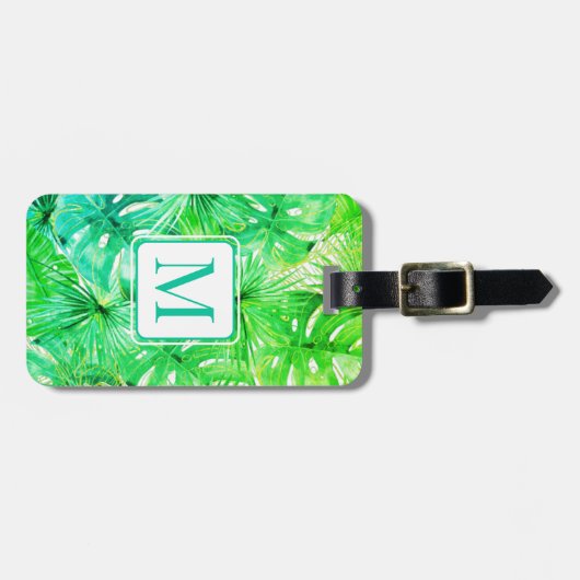 Tropische Waterverf Palm Botanische Monogrammen Bagagelabel (Voorkant horizontaal)