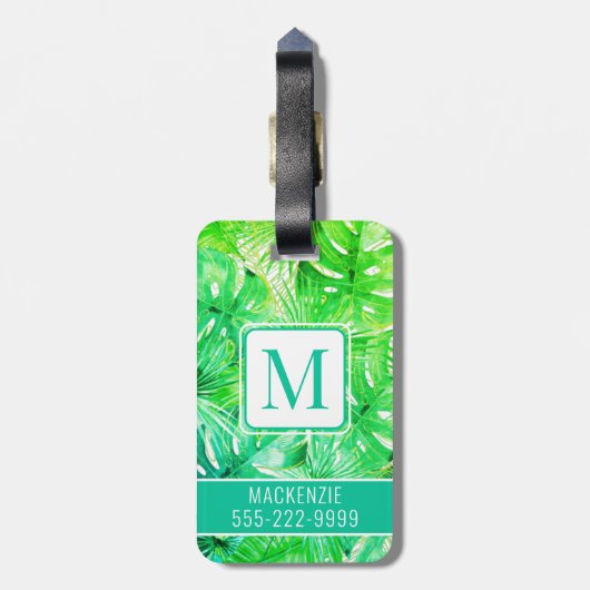 Tropische Waterverf Palm Botanische Monogrammen Bagagelabel (Achterkant verticaal)