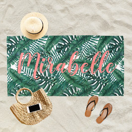 Tropische Waterverf Palm laat aangepaste koraalnaa Strandlaken