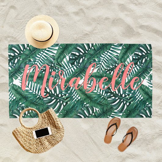 Tropische Waterverf Palm laat aangepaste koraalnaa Strandlaken