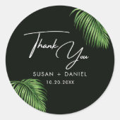 Tropische Waterverf Palm Leaves Bruiloft Dank u Ronde Sticker (Voorkant)