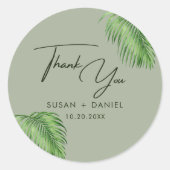 Tropische Waterverf Palm Leaves Bruiloft Dank u Ronde Sticker (Voorkant)