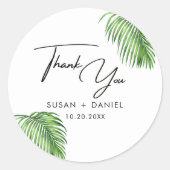 Tropische Waterverf Palm Leaves Bruiloft Dank u Ronde Sticker (Voorkant)
