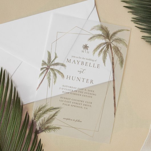 Tropische Waterverf Palm Trees Bohemian Wedding Vellum Uitnodigingen