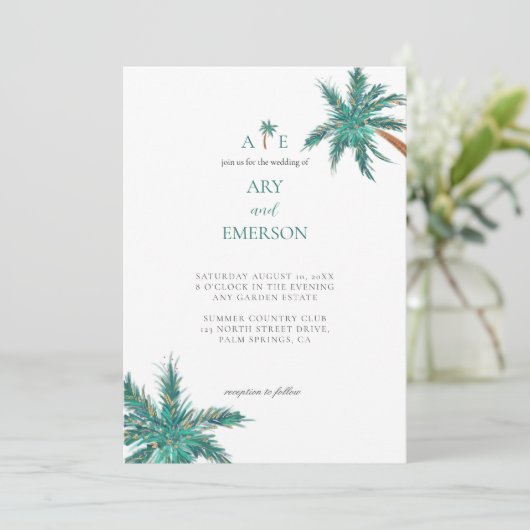 Tropische Waterverf Palm Trees Boho Wedding Foto Kaart (Staand voorkant)