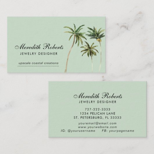 Tropische Waterverf Palm Trees Jewelry Designer Visitekaartje (Voorkant / Achterkant)
