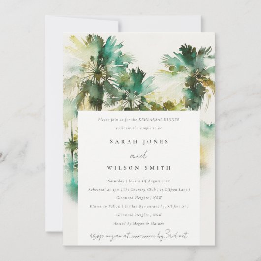 Tropische Waterverf Palm Trees Rehearsal Dinner Kaart (Voorkant)