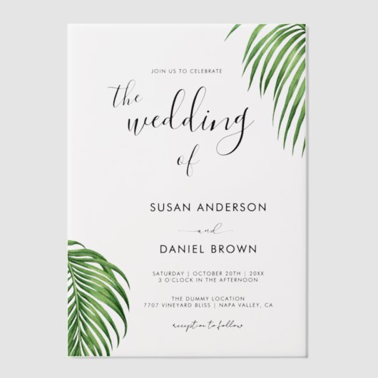 Tropische Waterverf Palmbladeren Elegant Huwelijk Vellum Uitnodigingen (Voorkant)