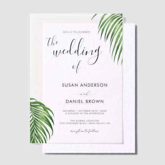 Tropische Waterverf Palmbladeren Elegant Huwelijk Vellum Uitnodigingen (Offset)