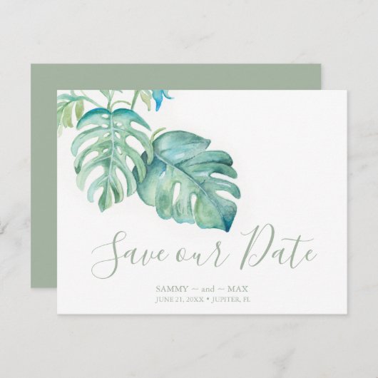 Tropische Waterverf palmbladeren sparen de Datum Save The Date (Voorkant / Achterkant)