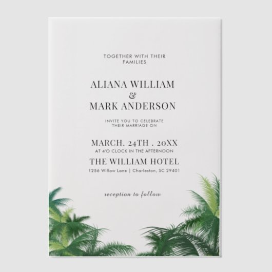 Tropische Waterverf Palmbomen Boho Wedding Vellum Uitnodigingen (Voorkant)