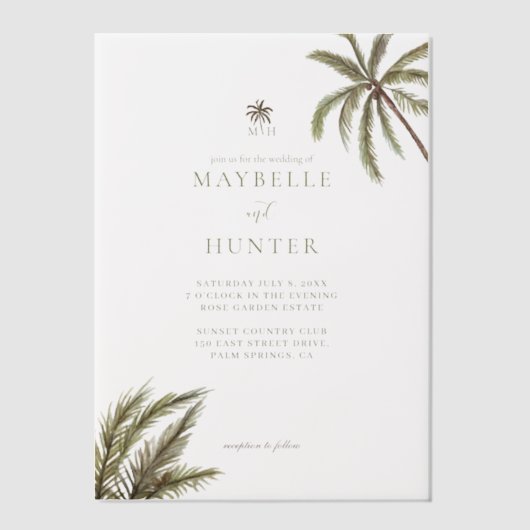 Tropische Waterverf Palmbomen Boho Wedding Vellum Uitnodigingen (Voorkant)