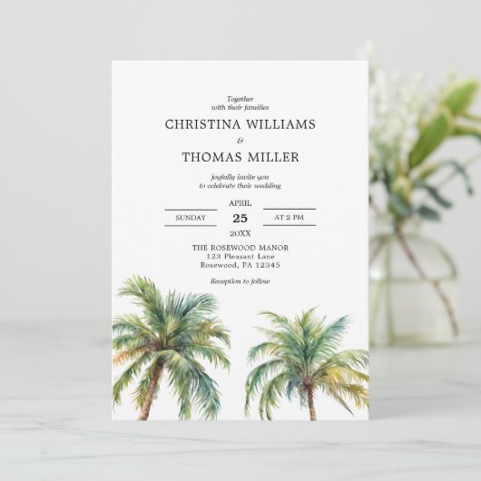 Tropische Waterverf palmbomen bruiloft uitnodiging (Staand voorkant)